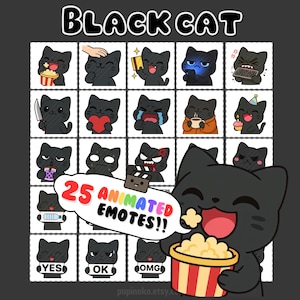 Peut inclure: Une collection de 25 émoticônes animées de chats noirs exprimant diverses émotions, comme la joie, la colère et la tristesse. L'image présente un grand chat noir souriant tenant un seau de pop-corn, avec le texte "BLACK CAT" en haut et "25 ANIMATED EMOTES!!" dans une bulle.