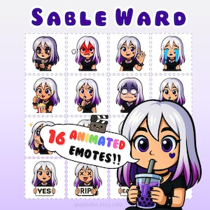 May include: A digital art print featuring a collection of 16 animated emotes. The emotes depict a character with white hair and purple highlights expressing various emotions. The title "SABLE WARD" is at the top, and the text "16 ANIMATED EMOTES!!" is in a speech bubble.