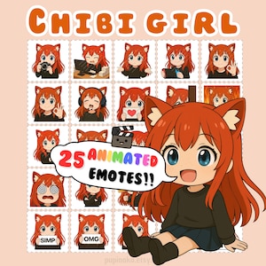 May include: A collection of 25 animated emotes featuring a red-haired chibi girl with fox ears. The emotes show different expressions and actions. The words "CHIBI GIRL" and "25 ANIMATED EMOTES!!" are also visible.