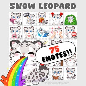 May include: A collection of 75 snow leopard emotes in a grid layout. The emotes feature various expressions and actions, including holding a camera, a gift, and a stop sign. The text "SNOW LEOPARD" and "75 EMOTES!!" are displayed.