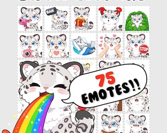 May include: A collection of 75 snow leopard emotes in a grid layout. The emotes feature various expressions and actions, including holding a camera, a gift, and a stop sign. The text "SNOW LEOPARD" and "75 EMOTES!!" are displayed.