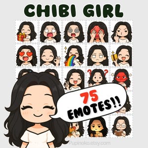 Emoticonos de Twitch: Chica chibi de pelo negro, paquete de emoticonos, pegatinas de emojis de Discord, mega paquete (PNG)