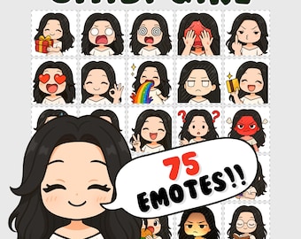 Emotes da Twitch: Garota chibi de cabelo preto, Pacote de Emotes, Adesivos de emojis para Discord, pacote completo (PNG)