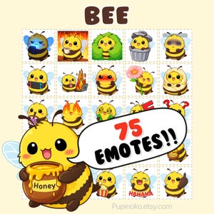 Könnte beinhalten: Ein Raster von 75 Emoticons zum Thema Biene, die verschiedene Ausdrücke und Aktivitäten darstellen. Das Wort "BEE" steht oben, und eine große Biene hält einen Honigtopf. Eine Sprechblase sagt "75 EMOTES!!"