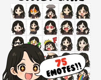 May include: A collection of 75 chibi girl emotes with various expressions, including anger, joy, and sadness. The image features a large chibi girl with sparkling eyes and a speech bubble that says "75 EMOTES!!" The title "CHIBI GIRL" is at the top.