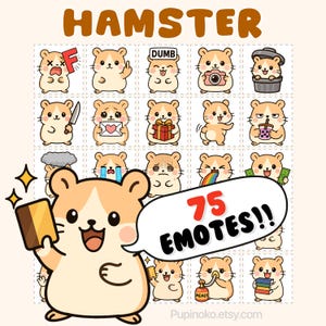 Op de afbeelding: Een verzameling van 75 hamster-emotes met verschillende uitdrukkingen, waaronder het vasthouden van een mes, huilen en het vasthouden van geld. Het woord "HAMSTER" staat bovenaan en de zin "75 EMOTES!!" staat in een tekstballon.