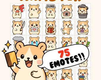 May include: A collection of 75 hamster emotes with various expressions, including holding a knife, crying, and holding money. The word "HAMSTER" is at the top, and the phrase "75 EMOTES!!" is in a speech bubble.