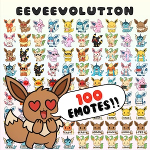 Può includere: Un'illustrazione colorata con varie evoluzioni di Eevee, ognuna con espressioni e accessori diversi. Il testo "EEVEEVOLUTION" è in alto e una nuvoletta dice "100 EMOTES!!". L'immagine è piena di personaggi dei cartoni animati.