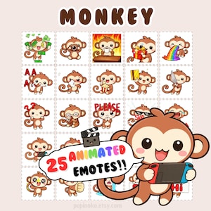 Emotes animados para Twitch: paquete de emoticonos de mono, emojis kawaii, recursos para streamers de Vtuber, paquete para Discord (GIF)