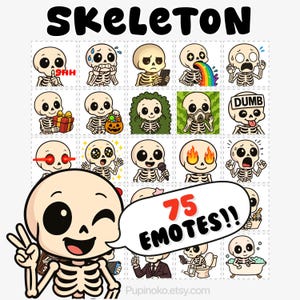 Peut inclure: Une collection de 75 émoticônes squelettes avec diverses expressions et activités. Le mot "SKELETON" est en haut. Un grand squelette qui fait un clin d'œil tient une bulle de dialogue avec "75 EMOTES!!".