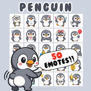 Peut inclure: Une grille de 18 émoticônes de pingouins de dessins animés avec diverses expressions et accessoires. Un grand personnage de pingouin pointe vers une bulle de dialogue qui dit "50 EMOTES!!". Le mot "PENGUIN" est en haut.