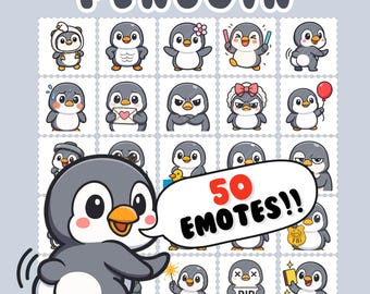 Cute penguin Emote Bundle, 50 Twitch Emote Mega Pack, chibi penguin Emotes for Stream, Discord, kawaii cute animals