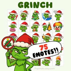 Peut inclure: Une collection de 75 émoticônes sur le thème du Grinch, chacune représentant le Grinch dans diverses situations liées à Noël. Le Grinch porte un bonnet de Père Noël. L'image comprend le texte "GRINCH" et "75 EMOTES!!".