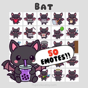 May include: A collection of cartoon bat emotes in different poses, such as holding a heart, with the words "YES" and "NOPE", and drinking a beverage. The image includes the text "BAT" and "50 EMOTES!!".