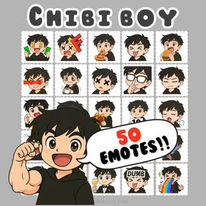 May include: A grid of cartoon images of a chibi boy with various expressions. The top of the image reads "CHIBI BOY". A large cartoon boy flexes his arm, with a speech bubble that says "50 EMOTES!!".
