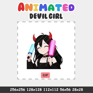 Op de afbeelding: Een geanimeerde digitale illustratie van een personage met zwart haar, rode hoorns en een zwarte choker, gekleed in een wit shirt onder een zwart bovenstuk. Het personage houdt een blauwe lichtstaaf in de ene hand en een roze lichtstaaf in de andere.