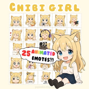 Può includere: Una stampa d'arte digitale con 25 emote animate di una ragazza chibi con capelli biondi e orecchie da gatto. Le emote mostrano varie espressioni e attività. Le parole "Chibi Girl" e "25 Animated Emotes!!" sono anch'esse visibili.