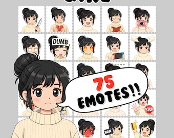 May include: A digital art print featuring a young woman with black hair in a bun, wearing a cream-colored sweater. The image includes 15 small square illustrations of the same woman with different facial expressions and props. Text reads "GIRL" and "75 EMOTES!!".