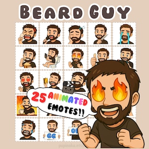 Pode incluir: Uma grade de 25 emotes animados com um personagem de desenho animado barbudo com várias expressões. O título "BEARD GUY" está no topo. Um balão de fala diz "25 ANIMATED EMOTES!!". O personagem tem olhos flamejantes em primeiro plano.