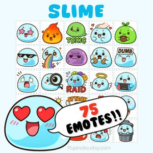 Könnte beinhalten: Eine Sammlung von 75 Cartoon-Schleim-Emotes mit verschiedenen Ausdrücken, darunter fröhlich, wütend und albern. Das Wort "SLIME" steht oben in Blau. Eine Sprechblase sagt "75 EMOTES!!".