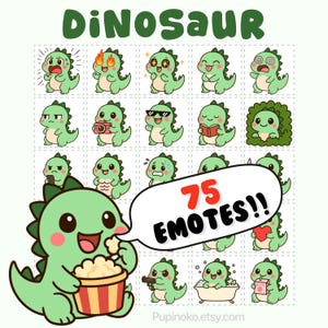 May include: A grid of 16 green dinosaur emojis with various expressions, including happy, angry, and surprised. The word "DiNOSAUR" is at the top. A large green dinosaur holds popcorn, with a speech bubble saying "75 EMOTES!!". The Etsy shop name is at the bottom.