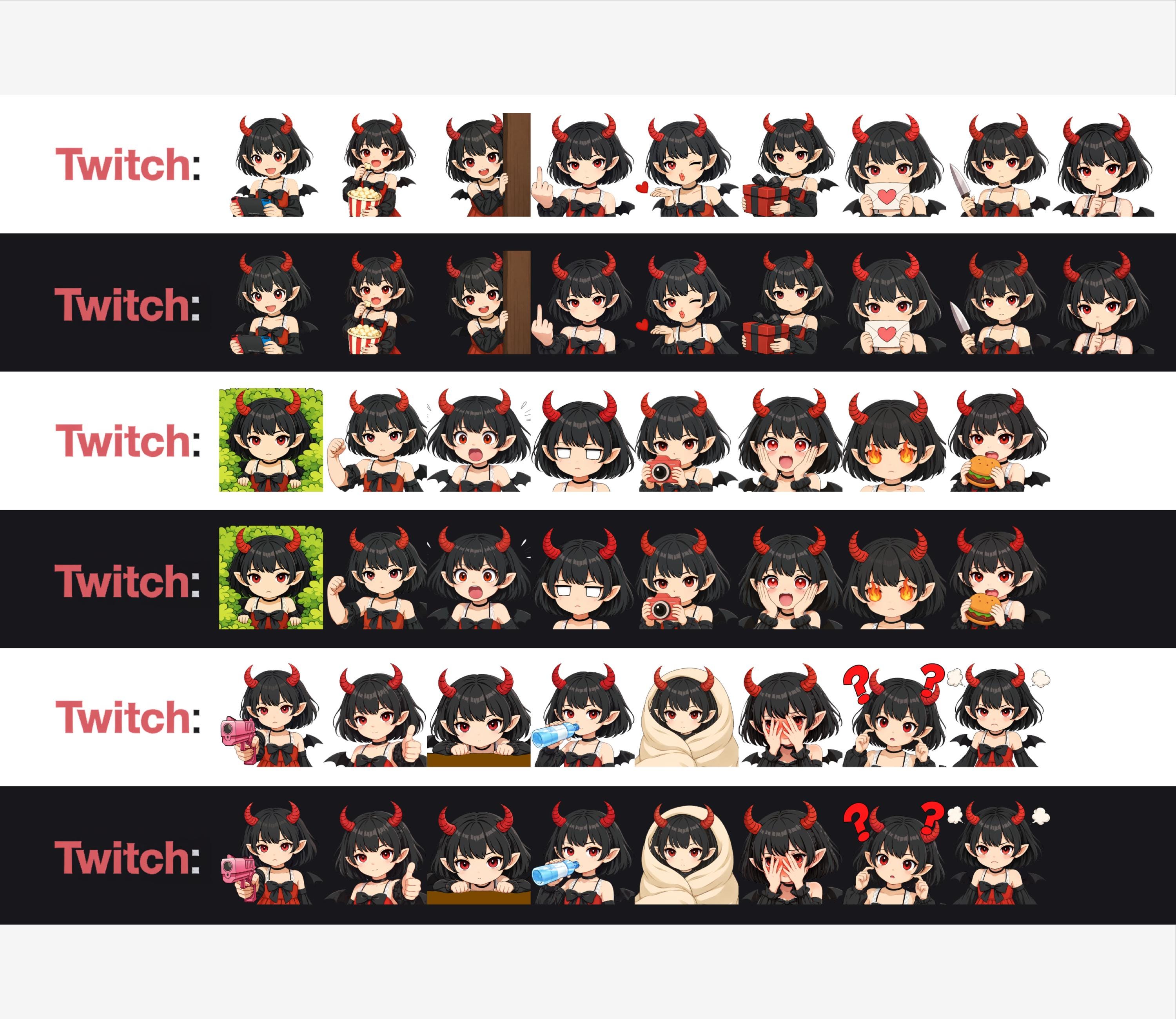 Demon Emote Set Twitch Emotes: Demon Girl Emote Pack, Discord Emotes, Black Hair Evil ...