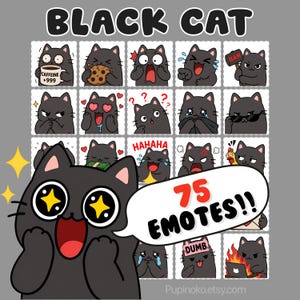 Può includere: Una collezione di 75 emoji di gatti neri con varie espressioni, tra cui gioia e rabbia. Le parole "BLACK CAT" sono in alto, e un grande gatto con occhi a stella è in basso. Il testo "75 EMOTES!!" è in una nuvoletta.