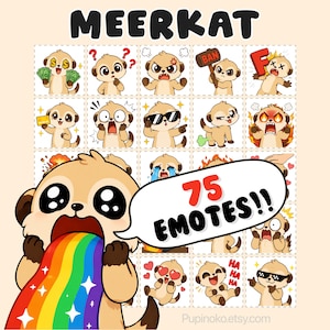 May include: A collection of cartoon meerkat emotes displaying diverse emotions, such as confusion, anger, and joy. The word "MEERKAT" is at the top, and a meerkat is shown with a rainbow and a speech bubble that says "75 EMOTES!!".