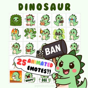 May include: A grid of 25 animated dinosaur emotes in various expressions, including laughing, crying, and holding money. The word "DINOSAUR" is at the top, and a dinosaur holds a sign that says "BAN". A speech bubble says "25 ANIMATED EMOTES!!".