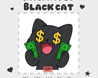 May include: Animated black cat illustration with dollar signs for eyes and holding money. The cat has a wide, happy grin and a pink tongue. The image includes the text "ANIMATED BLACK CAT" and "GIF".