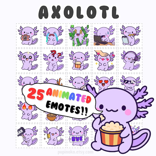 Animated Twitch Emotes: Axolotl emote bundle, Discord emotes pack, stream assets and reactions (GIF)