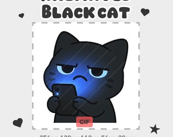 May include: Animated black cat sticker. The black cat is holding a phone with a blue screen, and has a grumpy expression. The sticker has the text "ANIMATED BLACK CAT" at the top. The sticker is ready to use.