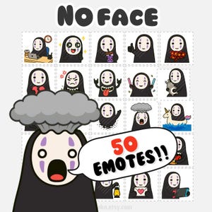 Peut inclure: Une planche d'autocollants représentant le personnage Sans-Visage du Voyage de Chihiro. Les autocollants montrent Sans-Visage dans diverses poses et expressions, avec le texte "NO FACE" en haut et "50 EMOTES!!" dans une bulle.