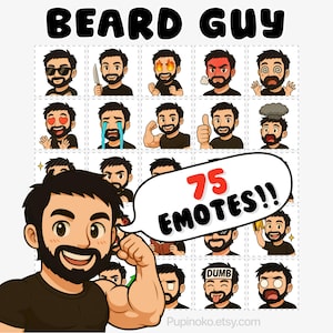 Pode incluir: Imagem de desenho animado de um homem barbudo com várias expressões faciais. A imagem inclui o texto "BEARD GUY" na parte superior e um balão de fala que diz "75 EMOTES!!". O homem flexiona o braço em primeiro plano.