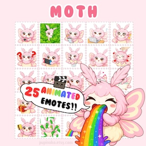Könnte beinhalten: Ein Raster von 25 animierten Emotes mit einer rosa Cartoon-Motte mit großen Augen und Schmetterlingsflügeln. Die Emotes zeigen die Motte in verschiedenen Posen, mit Text, der "MOTH" und "25 ANIMATED EMOTES!!" lautet. Der Hintergrund ist hellrosa.