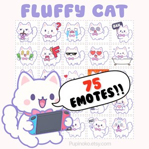 May include: A cartoon illustration featuring a white cat with a pink bow tie and a Nintendo Switch. The image includes the text "FLUFFY CAT" and "75 EMOTES!!". Various cat emotes are displayed in a grid.