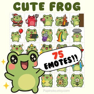 Op de afbeelding: Een verzameling van 75 schattige kikker-emotes in verschillende poses en uitdrukkingen. De kikkers zijn groen met roze wangen en worden getoond met accessoires zoals een kerstmuts, duivelshoorns en een gameconsole. De tekst "CUTE FROG" en "75 EMOTES!!" wordt weergegeven.
