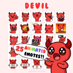 Puede incluir: Una cuadrícula de 25 emoticonos de diablo animados en varias poses, con un gran personaje de diablo rojo que sostiene una burbuja de diálogo que dice "25 ANIMATED EMOTES!!" en texto colorido. La palabra "DEVIL" está en la parte superior.