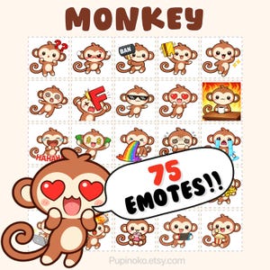 May include: A collection of 75 monkey emotes in various expressions, including confusion, anger, and love. The word "MONKEY" is at the top, with a large monkey character with heart eyes in the foreground. A speech bubble says "75 EMOTES!!".