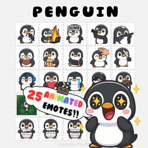 Könnte beinhalten: Eine Sammlung von 25 animierten Pinguin-Emotes mit verschiedenen Ausdrücken und Aktionen. Das Wort "PENGUIN" steht oben, und eine Sprechblase sagt "25 ANIMATED EMOTES!!". Die Pinguine sind schwarz-weiß mit orangefarbenen Schnäbeln.