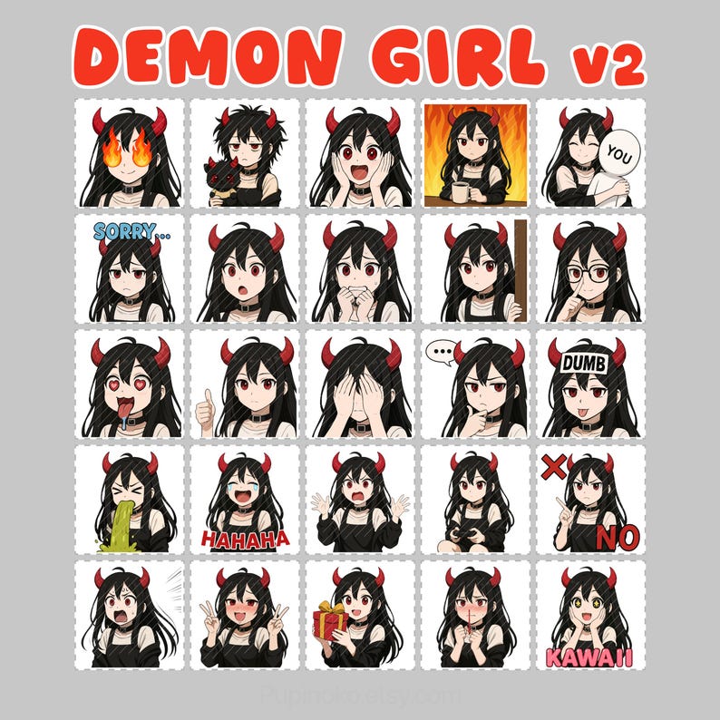 Demon Emote Set Twitch Emotes: Demon Girl Emote Pack, Discord Stickers, Black Hair Evil ...