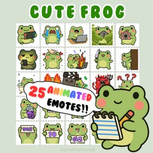 May include: A collection of 25 animated frog emotes, each in a different pose, such as using a laptop, crying, or holding a camera. The words "CUTE FROG" are at the top. A frog holds a notepad and pencil. The text "25 ANIMATED EMOTES!!" is in a speech bubble.