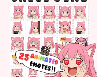 Emotes animados de Twitch, emoji de Discord de chica gato, mujeres de cabello rosa, paquete de emoticonos Chibi (GIF)