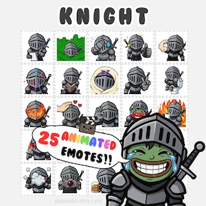 以下が含まれることがあります： 様々なポーズや表情の騎士の25個のアニメーション絵文字が描かれたステッカーシート。「KNIGHT」の文字が上部にあります。「25 ANIMATED EMOTES!!」という吹き出しがあります。騎士は、銀色のヘルメットと鎧を着た漫画のスタイルで描かれています。