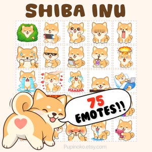 Puede incluir: Una cuadrícula de emoticonos de dibujos animados de perros Shiba Inu con varias expresiones, con el texto "SHIBA INU" en la parte superior. Un gran Shiba Inu con un corazón en la parte trasera se muestra en primer plano, con una burbuja de diálogo que dice "75 EMOTES!!".