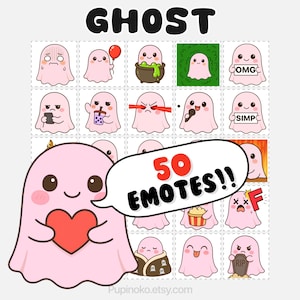 Pode incluir: Um personagem fantasma rosa segurando um coração vermelho, com um balão de fala que diz "50 EMOTES!!". A imagem apresenta uma grade de 16 emojis de fantasmas diferentes, cada um com uma expressão e design únicos. A palavra "GHOST" está no topo.