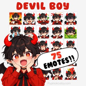 Peut inclure: Un pack d'autocollants numériques intitulé DEVIL BOY comprenant 75 émoticônes d'un personnage aux cheveux noirs avec des cornes rouges, des yeux rouges et des ailes noires. Il porte une chemise rouge avec un nœud papillon et des bretelles.