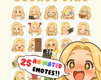 May include: A collection of 25 animated emotes featuring a blonde girl with various expressions. The emotes include the girl using a laptop, holding a game console, and making hand gestures. The text "BLONDE GIRL" and "25 ANIMATED EMOTES!!" are displayed.