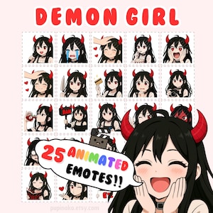 May include: A set of 25 animated emotes showcasing a cartoon demon girl with black hair and red horns. The emotes depict different expressions and actions. The image includes the text "DEMON GIRL" and a speech bubble saying "25 ANIMATED EMOTES!!".