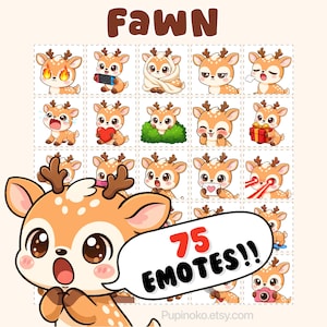 Twitch Emotes: Fawn emote bundle pack, kawaii deer, Discord stickers, vtuber assets (PNG)